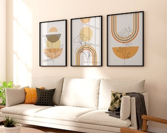 Modern Boho Style Pastel Art Prints Set of 3, Modern Wall Art Decor, Minimalistic Digital Print, Orange, Beige and White