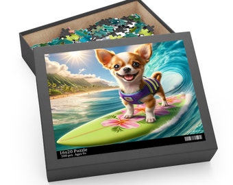 Surf Pups! Surfing Chihuahua Puppy Puzzle 12 - (120, 252, 500-Piece)