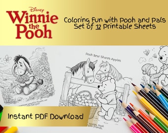 Hojas para colorear de las aventuras de Winnie the Pooh de Disney - Juego de 12 - PDF imprimible - Mini historias únicas para colorear para edades de 2 a 5 años