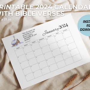 Calendario PDF imprimible 2024 con diseño de acuarela de versículos bíblicos - Tamaño carta de EE. UU. (8,5 x 11 pulgadas) Descarga instantánea