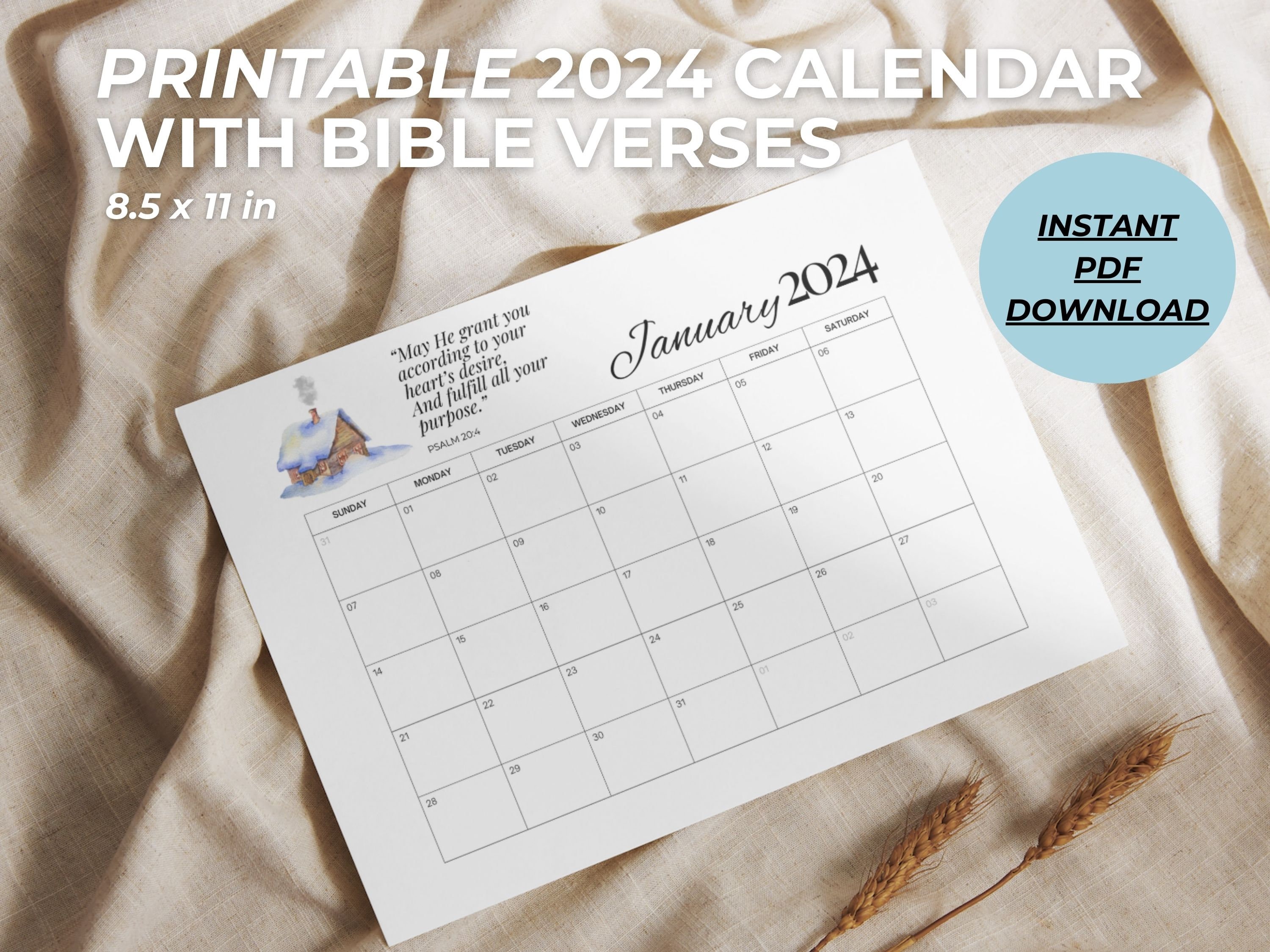 Printable PDF Calendar 2024 With Bible Verses Watercolor Design - US ...