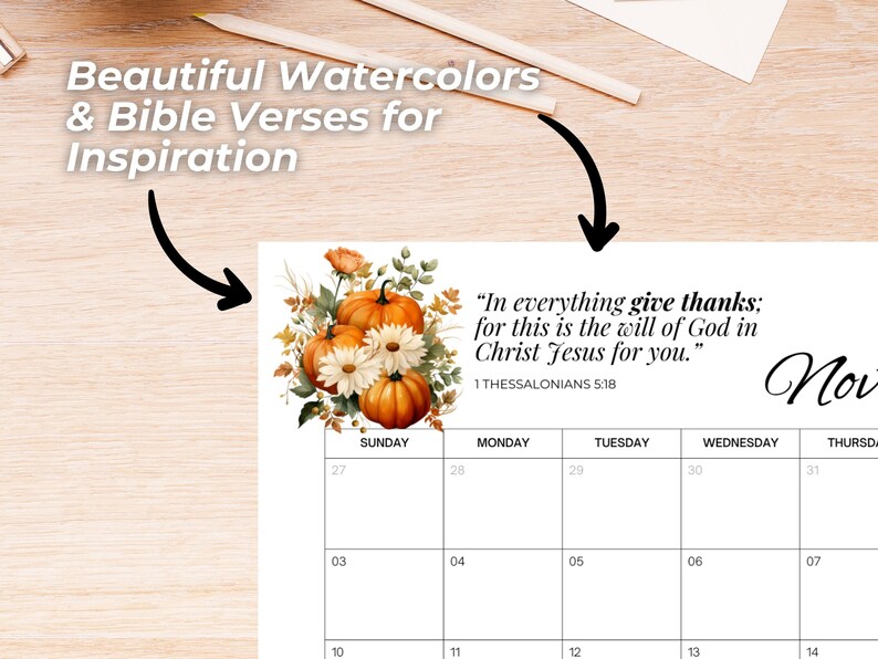 Printable PDF Calendar 2024 With Bible Verses Watercolor Design - US ...