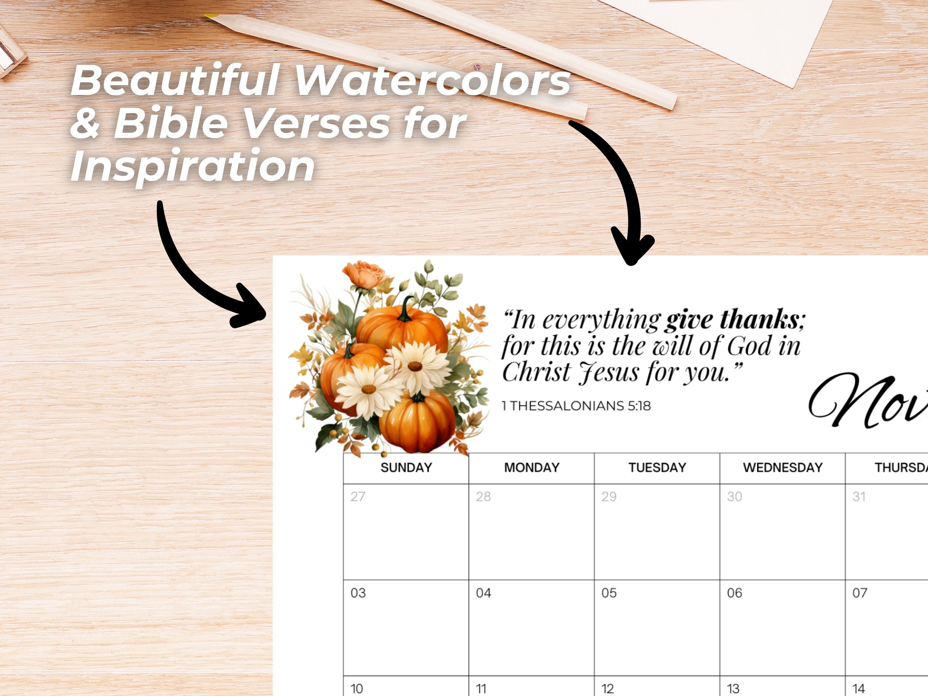 Printable PDF Calendar 2024 With Bible Verses Watercolor Design - US ...