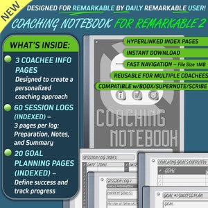 Peut inclure: Un carnet de coaching numérique conçu pour la tablette Remarkable 2. Le carnet comprend des sections pour les informations sur le coaché, les journaux de session et les pages de planification des objectifs. Il est compatible avec d'autres appareils de prise de notes numériques.