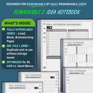 May include: A digital notebook designed for the Remarkable 2 tablet. The notebook includes a dashboard, lined and blank pages, and brainstorming maps. The text "REMARKABLE 2 IDEA NOTEBOOK" is displayed at the top of the image.