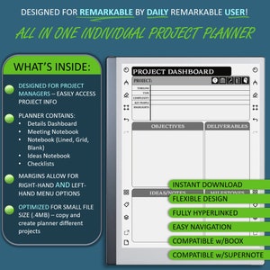 May include: A digital planner designed for the Remarkable tablet. The planner is titled "All in One Individual Project Planner" and includes sections for project details, objectives, deliverables, ideas, notes, and milestones. The planner is optimized for small file size and is fully hyperlinked for easy navigation.