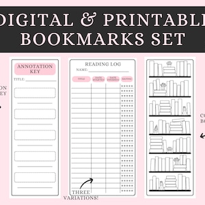 Könnte beinhalten: Ein Set aus drei druckbaren Lesezeichen mit einem Lesetagebuch, einem Anmerkungs-Schlüssel und einem ausmalbaren Bücherregal. Die Lesezeichen sind in Schwarzweiß mit rosa Akzenten gestaltet.