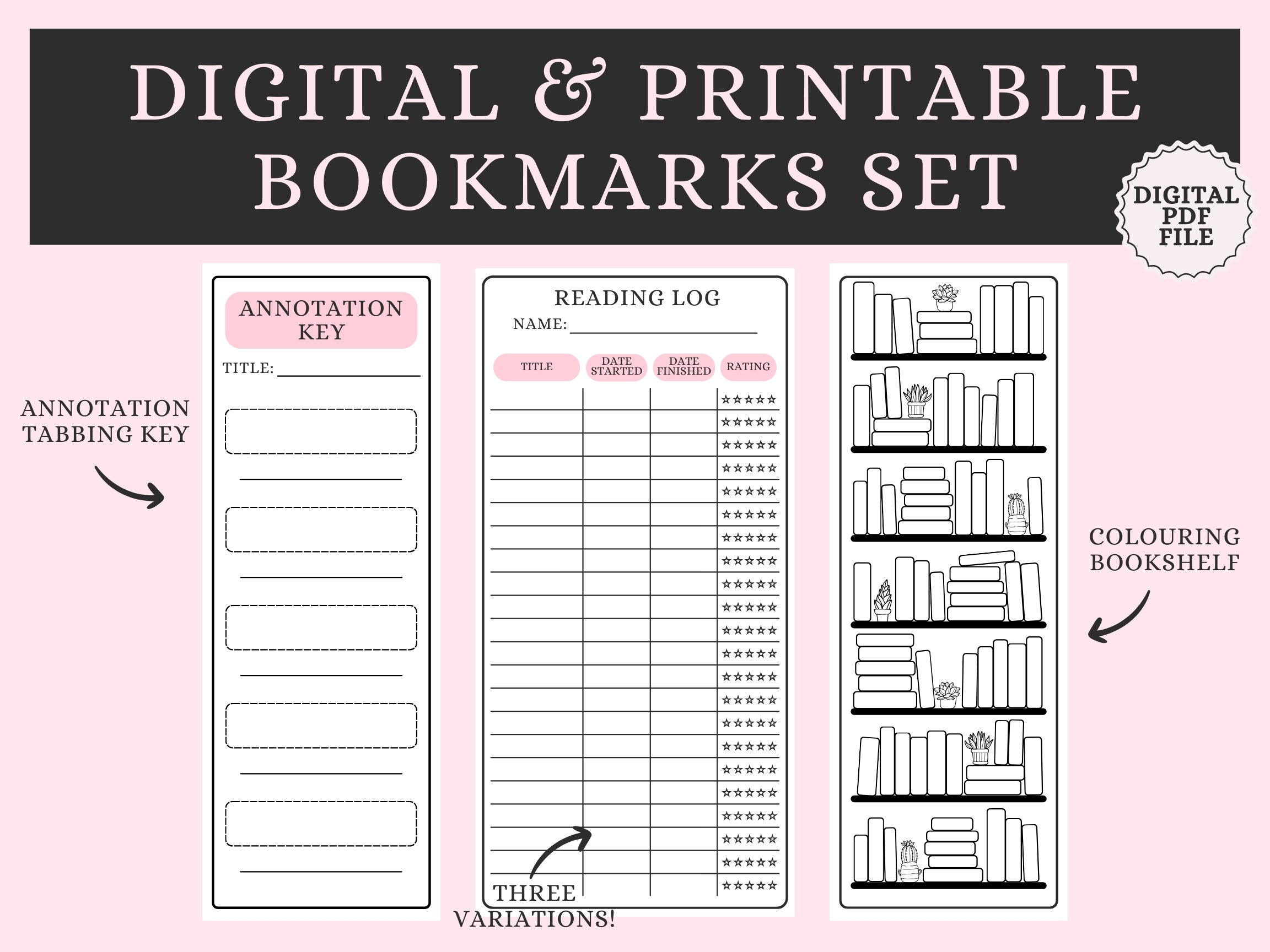 Printable Bookmark Set | Reading Log, Annotation Tabbing Key, Colour-in ...