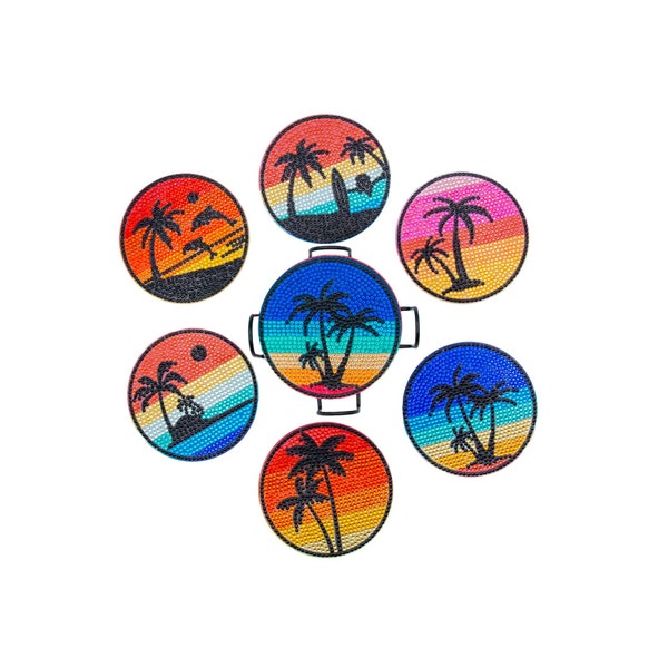 Set of 6 Tropical Palm Tree Coasters, DIY Diamond Painting Craft Kit, Cork Backing, Tools and Sparkly Rhinestones Included