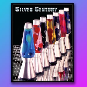 May include: A row of seven lava lamps with silver bases, each filled with a different colored liquid. The lamps are arranged in a line on a silver grid surface. The text "SILVER CENTURY" is displayed at the top of the image.