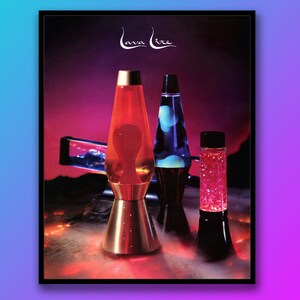 May include: Three lava lamps, one red, one blue, and one pink glitter, with the text "Lava Lite" at the top of the image.