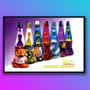 May include: A set of seven colorful ceramic lava lamps with different designs. The lamps are arranged in a row from left to right. The designs include a cartoon cat, a peace sign, a sun and moon, a red and white swirl, a blue and white swirl, a purple and white swirl, and a green and white swirl. The text "Lava Motion Lamp Ceramic Series II" is printed below the lamps.