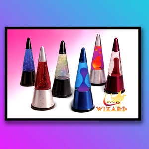 May include: A collection of six lava lamps in various colors, including red, blue, purple, and glitter. The lamps are shaped like cones and have a black base. The text "Lava Wizard" is visible in the bottom right corner of the image.