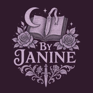 May include: A purple illustration featuring an open book with a sword bookmark, a crescent moon, and roses. The text "By Janine" is displayed in a decorative font, surrounded by floral and ornamental elements.