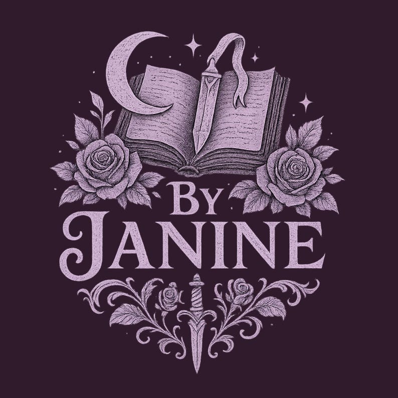 May include: A purple illustration featuring an open book with a sword bookmark, a crescent moon, and roses. The text "By Janine" is displayed in a decorative font, surrounded by floral and ornamental elements.