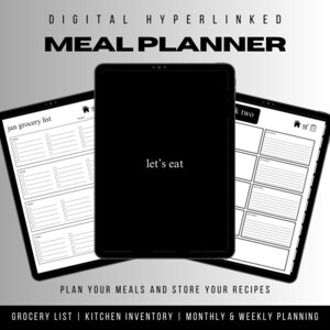 Könnte beinhalten: Ein digitaler Speiseplaner mit schwarzem Hintergrund und weißem Text. Der Planer enthält eine Einkaufsliste, ein Kücheninventar sowie monatliche und wöchentliche Planungsabschnitte. Der Text auf dem Planer lautet "let's eat".