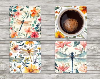 Dragonfly Coasters | Colorful Square MDF Drink Coasters | Nature Table Decor | Set of 4 Sublimated Coasters | Choose Your Designs