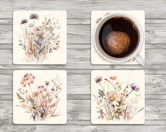 Watercolor Wildflower MDF Coaster Set | Neutral Floral Drink Coasters | Sublimated Wood Coasters | Cottagecore Home Decor | Set of 4