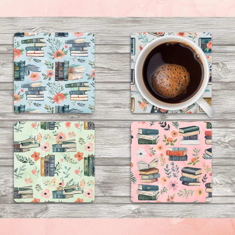 May include: Four square coasters with book and floral patterns. Each coaster has a different colour scheme: light blue, light green, pink, and one with a coffee cup. The coasters feature stacks of books and floral designs.