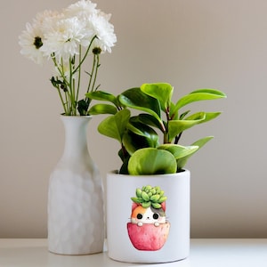 kawaii cat plant Ceramic Planter with Bamboo Tray – Cute Plant Pot, Sublimated Succulent Design, Small kitty Planter, Desk Decor Gift