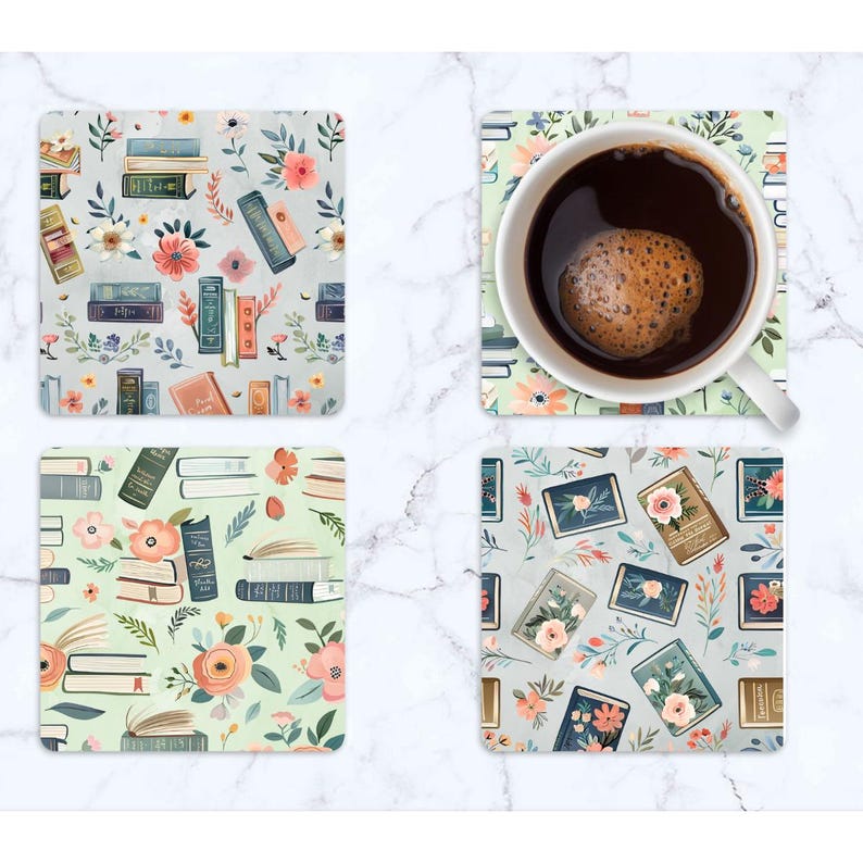 May include: Four square coasters with floral and book designs. One coaster holds a white mug filled with coffee. The coasters feature various book illustrations, flowers, and a light colour palette of green, pink, and blue.