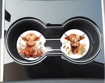 Posavasos para coche con diseño de vaca de las Tierras Altas (juego de 2) / Bonitos insertos de neopreno para portavasos con motivos florales y acuarela / Accesorios de coche estilo bohemio rústico para ella