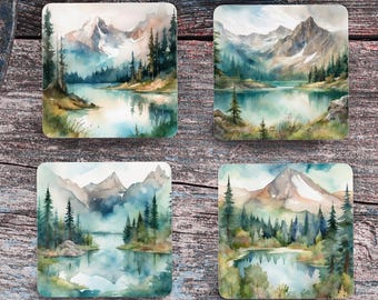 Watercolor Mountain Landscape Coasters Set of 4 | Nature Scenic MDF Coasters | Cabin Decor Drink Coasters | Mountain Lover Gift | Forest Art