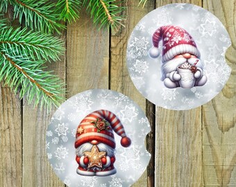 Winter Gnome Car Coasters, Christmas Car Coaster Set, Cute Holiday Gnome Car Accessories, Christmas Stocking Stuffer, For Her, snowy gnomes