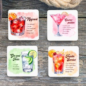 Benutzerdefiniertes Set mit 4 Cocktailrezept-Untersetzern | Aquarell Drink Art auf MDF Sublimations-Untersetzer mit Kork-Rückseite | 3,86 Zoll Quadrat | Designs auswählen