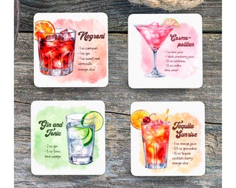Custom Set of 4 Cocktail Recipe Coasters | Watercolor Drink Art on MDF Sublimation Coasters with Cork Back | 3.86” Square | Pick Designs
