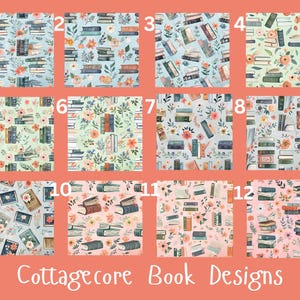May include: Twelve Cottagecore book designs are displayed, each with a repeating pattern of books and floral elements. The designs feature a range of colours, including blue, green, and pink. The designs are numbered 1 to 12.