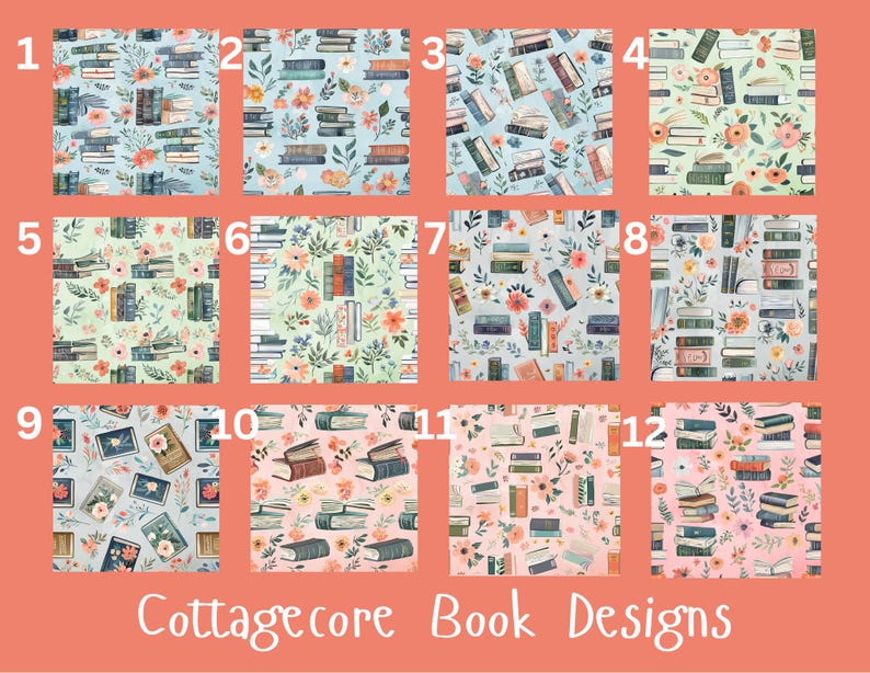 May include: Twelve Cottagecore book designs are displayed, each with a repeating pattern of books and floral elements. The designs feature a range of colours, including blue, green, and pink. The designs are numbered 1 to 12.