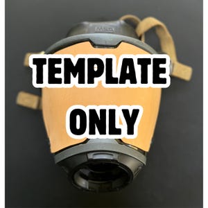 May include: A black and tan respirator with the text "TEMPLATE ONLY" in a white, bold font. The respirator has tan straps and a black facepiece. The brand name "MSA" is visible on the top.