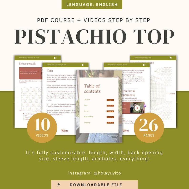 May include: A digital download for a crochet pattern for a pistachio colored top. The pattern includes 10 videos and 26 pages of instructions. The text on the image reads "PDF Course + Videos Step by Step Pistachio Top".