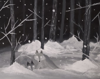 Snowy Night Original Canvas Art Wolf Nature Art