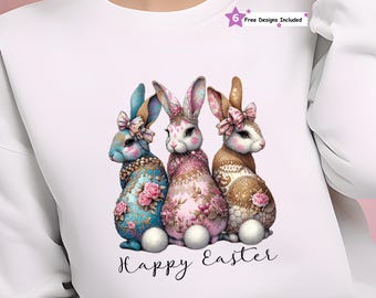 Coquette Easter Bunnies PNG, Vintage Aesthetic Sublimation Design, Floral Bunny Clipart, Pastel Bunnies Happy Easter Shirt, Digital Download