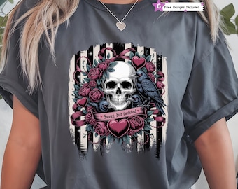 Valentine Sweet But Twisted PNG, Gothic Skull Sublimation Design, Ravens Roses, Dark Alt-Valentine Shirt, Digital Download