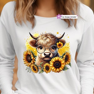 Cute Highland Cow Sunflower PNG, Floral Baby Highland Cow with Glasses Sublimation Design, Watercolor Spring Farmhouse, Digital Download