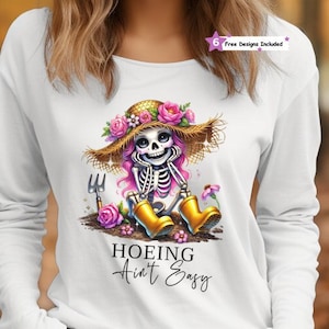 Hoeing Aint Easy PNG, Funny Gardening Clipart, Skeleton Gardener Sublimation Design, Trendy Plant UVDTF Transfer, Graphic Tee Sticker File