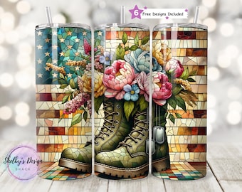 Military Wife Stained Glass 20oz Seamless Tumbler PNG, Floral Army Boots, Patriotic Sublimation Design,  Digital Download
