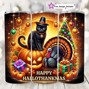 Happy Hallothanksmas 20oz Skinny Tumbler Halloween PNG, Sublimation Digital Design, Christmas png, Thanksgiving PNG, Funny Holiday Design