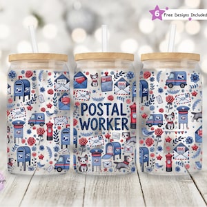 Diseño de sublimación de envoltura de vaso de vidrio de 16 oz de trabajador postal, lindo collage de sellos de cartas de cartero, descarga digital PNG de agradecimiento postal