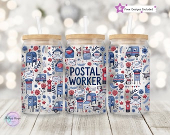 May include: Three white tumbler cups with a blue and red postal worker themed design. The cups have a wooden lid and a straw. The design features mailboxes, mail trucks, envelopes, and stars. The text "POSTAL WORKER" is printed on the middle cup.