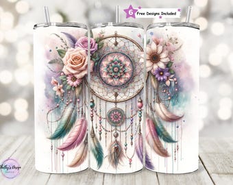 Boho Dreamcatcher 20oz Seamless Tumbler PNG, Floral Boho Watercolour Sublimation Design,  Spring Vibes Feathers & Flowers Digital Download