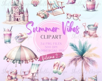 Summer Beach Volume 2 Watercolor Clipart Set , Vacation Clip Art, Boho Tropical Ocean Clip Art, Pink Coquette Style Bundle PNG Files