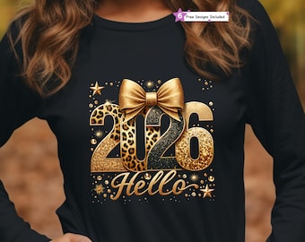 Hello 2026 PNG, Glam Coquette New Year Sublimation Design, Faux Leopard, Black And Gold Sequins Glitter, Digital Download