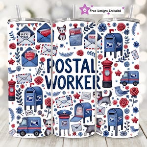 Diseño de sublimación para envoltorio de vaso delgado de 20 oz de trabajador postal, lindo collage de sellos de cartas de cartero, agradecimiento postal, descarga digital PNG