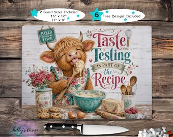 Highland Cow Baking Cutting Board PNG Sublimation Design, Funny Kitchen Chopping Board, Taste Testing Glass Cutting Board, Digital Download