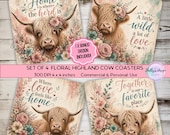 Highland Cow Coaster Set PNG Sublimation Design Bundle, Farmhouse Floral Cow Set of 4 Coasters, Rustic Cow Quotes, Digital Download