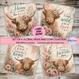 Può includere: Set di quattro sottobicchieri quadrati con illustrazioni ad acquerello di mucche delle Highlands decorate con ghirlande floreali. Ogni sottobicchiere ha una citazione ispiratrice diversa. I sottobicchieri misurano 10 x 10 cm.